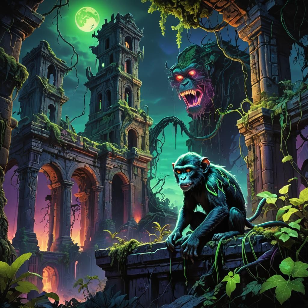 Venomous Monkey on Ancient Ruins in Neon Jungle