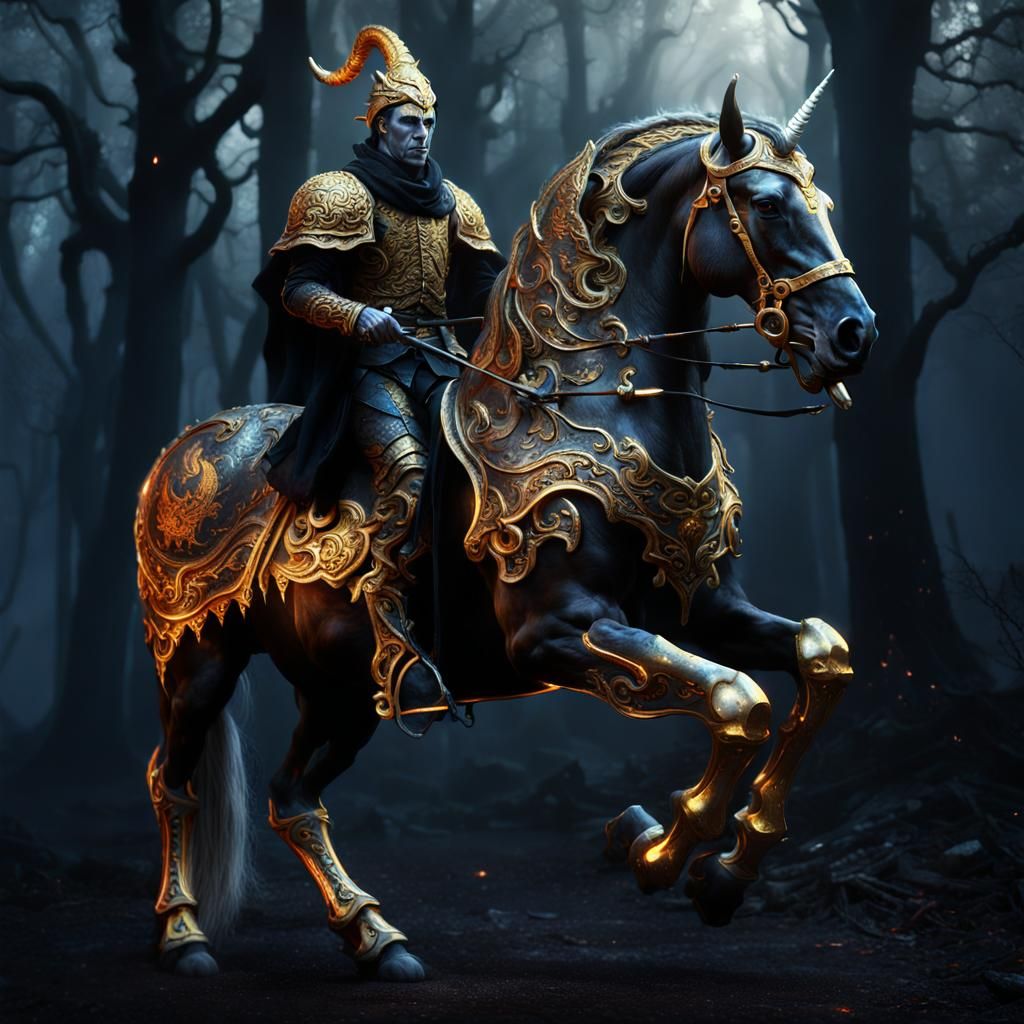 Undead Horseman on Fiery Unicorn in Misty Forest