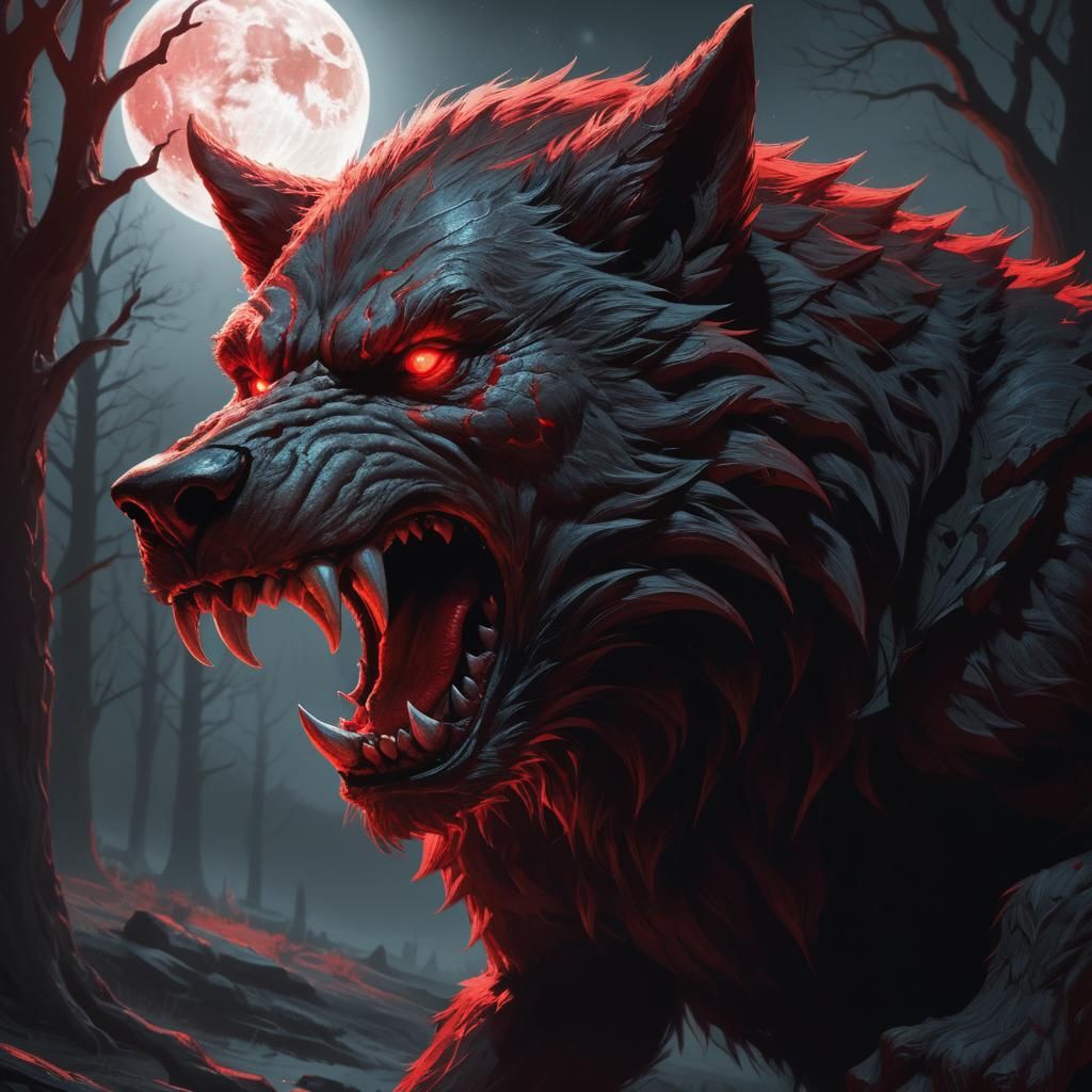Vibrant Red Werewolf Under a Sinister Moon
