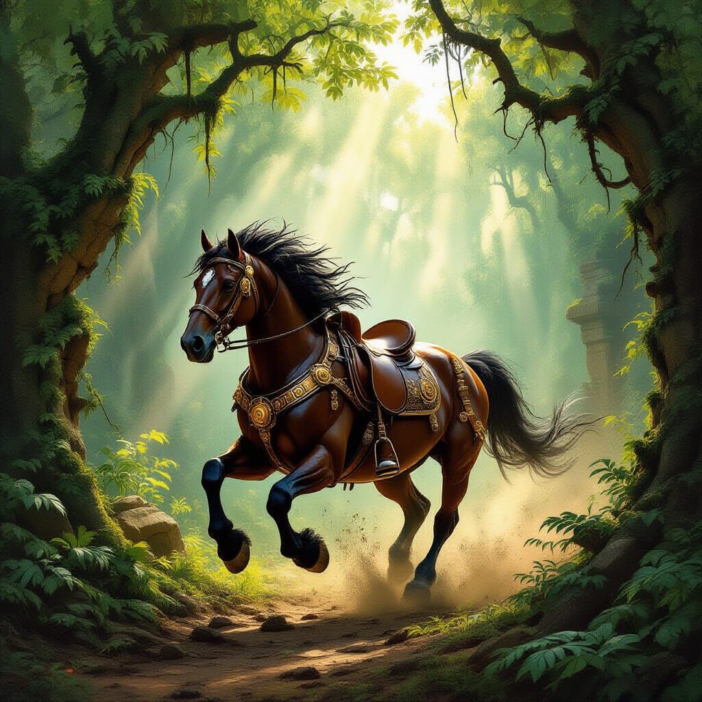 Steampunk Horse Gallops Through Sun-Dappled Forest Ruins