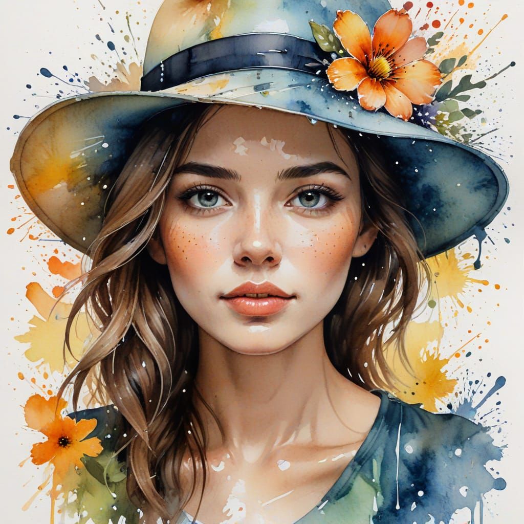 Watercolor Painting of Woman in Floral Hat