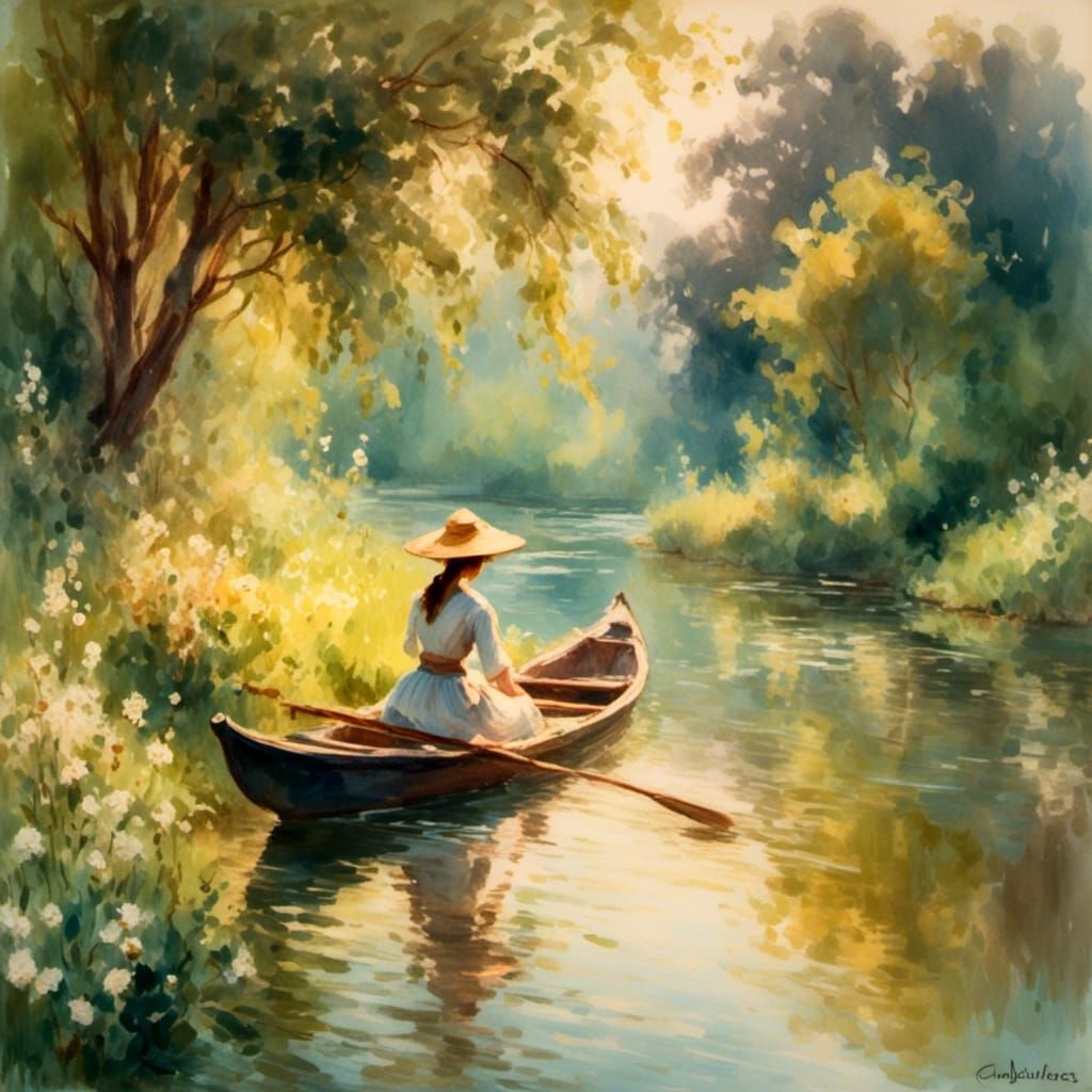 Impressionistic River Scene with Woman Punting