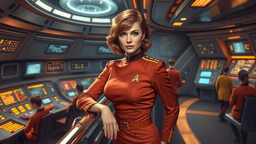Confident Female Captain on Starship Bridge in Retro Style