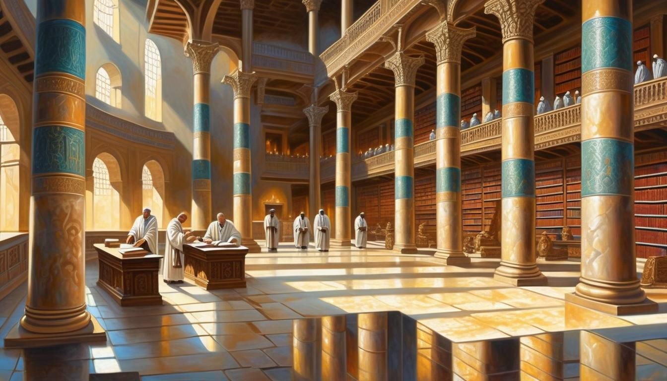 Expansive Ancient Library with Scholars, Acrylic Painting