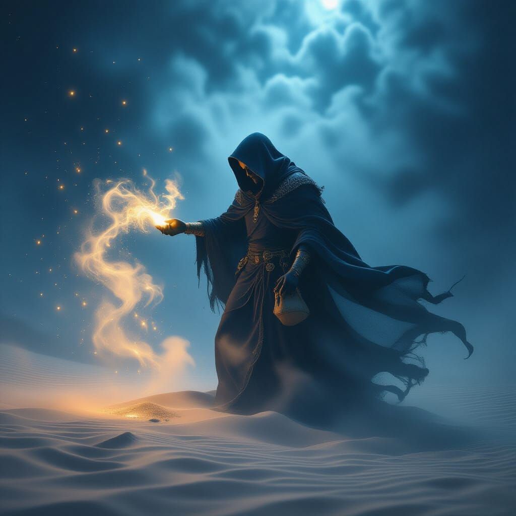 Sandman Scattering Stardust in Dreamlike Landscape