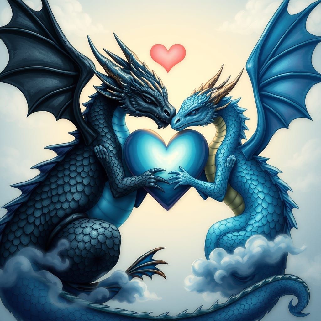 Whimsical Fantasy Dragons in Loving Embrace