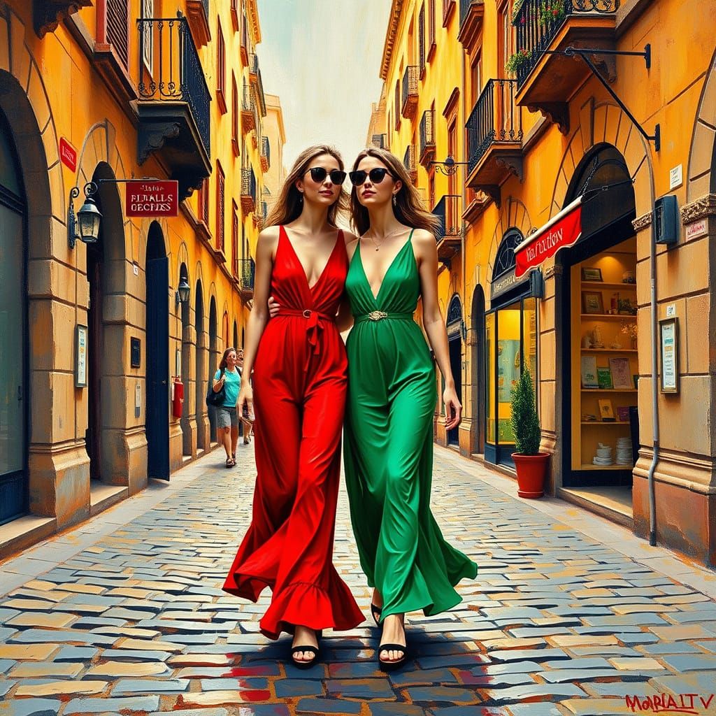 Vibrant Twin Sisters Stroll through Mallorca's Old Town in E...