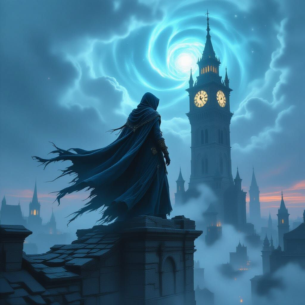 Sorceress on Clock Tower in Cosmic Landscape