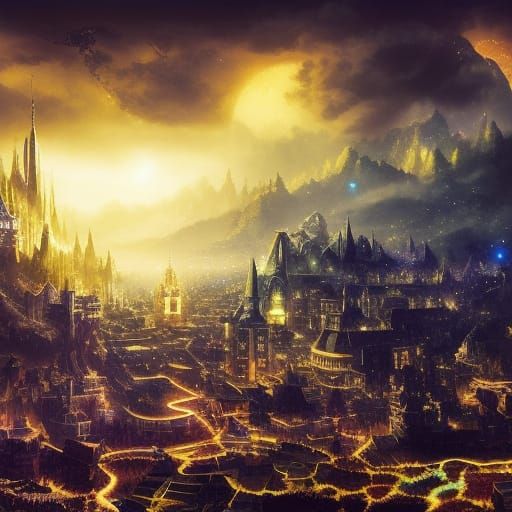 Dragon Contrasting with Lighted Town in Starry Night