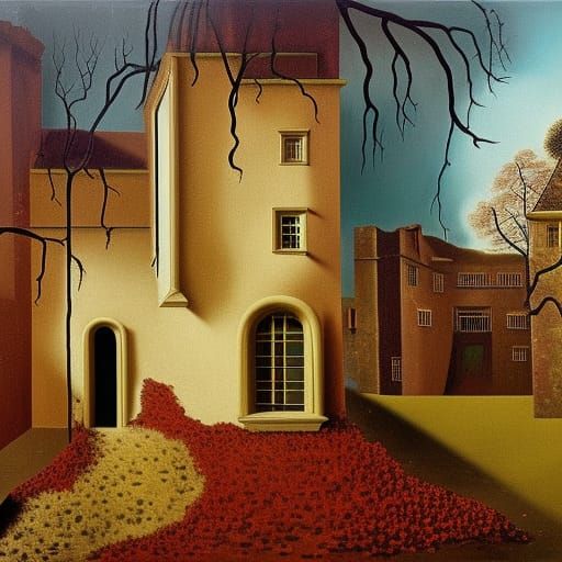 Impressionistic Oil Painting of Crumbling Haunted Mansion