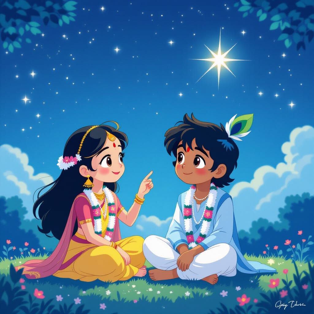 Radha and Krishna Under Twinkling Stars, Ghibli Style