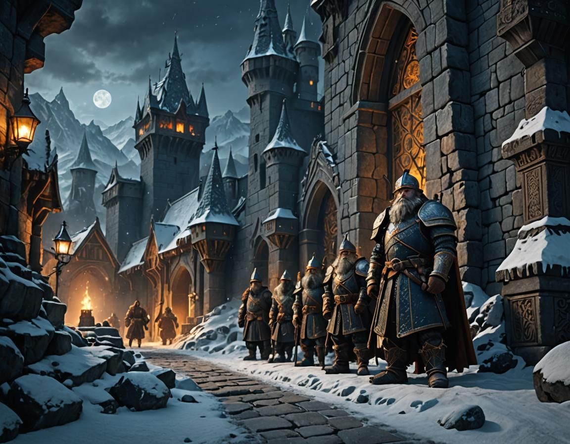 Dwarf Guards on Stone Wall in Cold Night