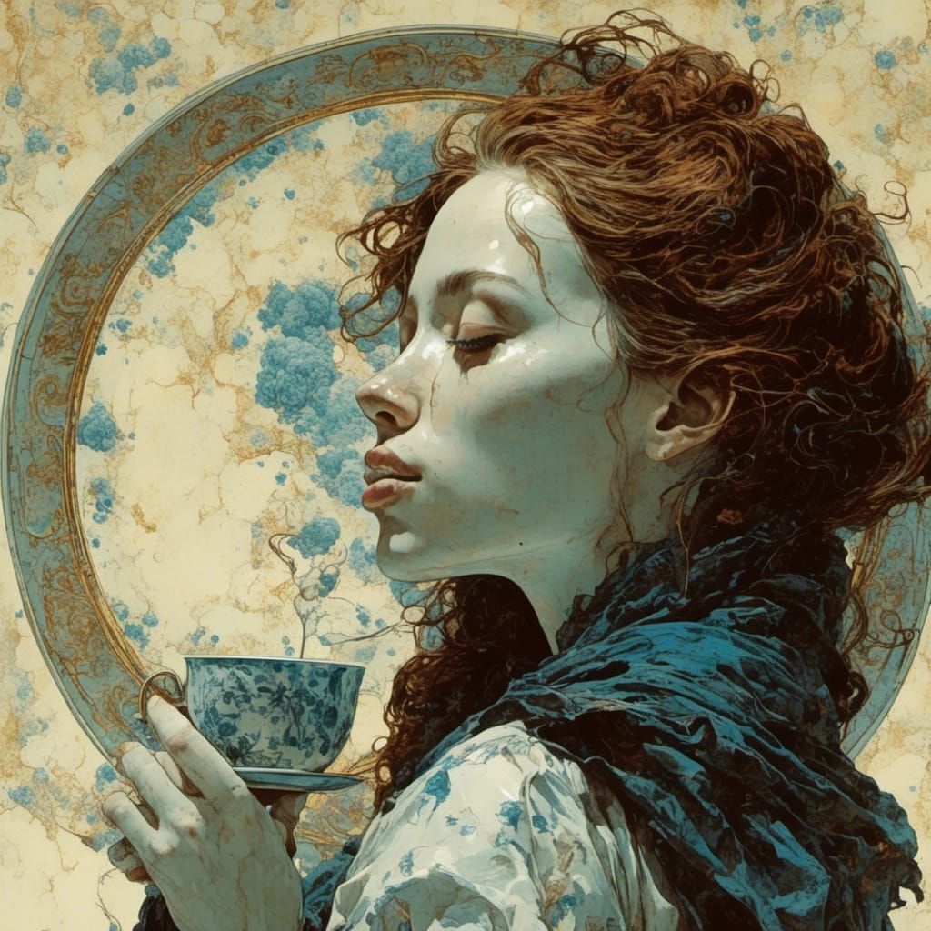 Woman Drinks Flood From Delftware Teacup