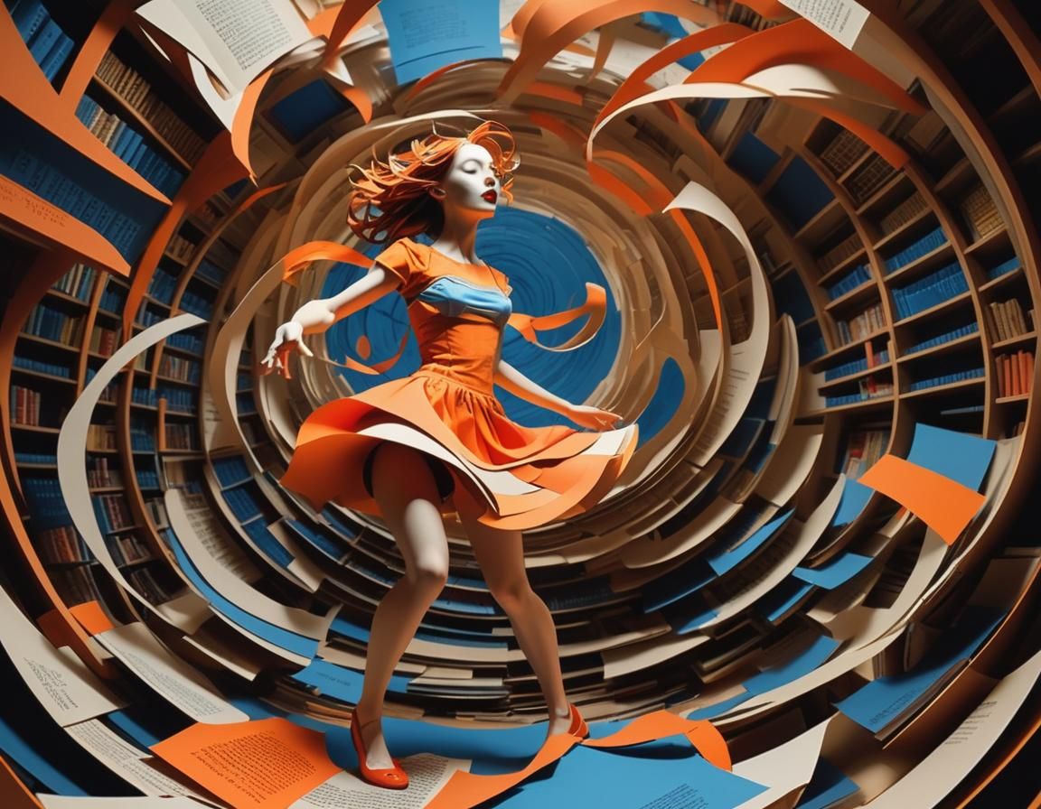 Cybernetic Woman in Library Vortex: 2.5D Papercut Art