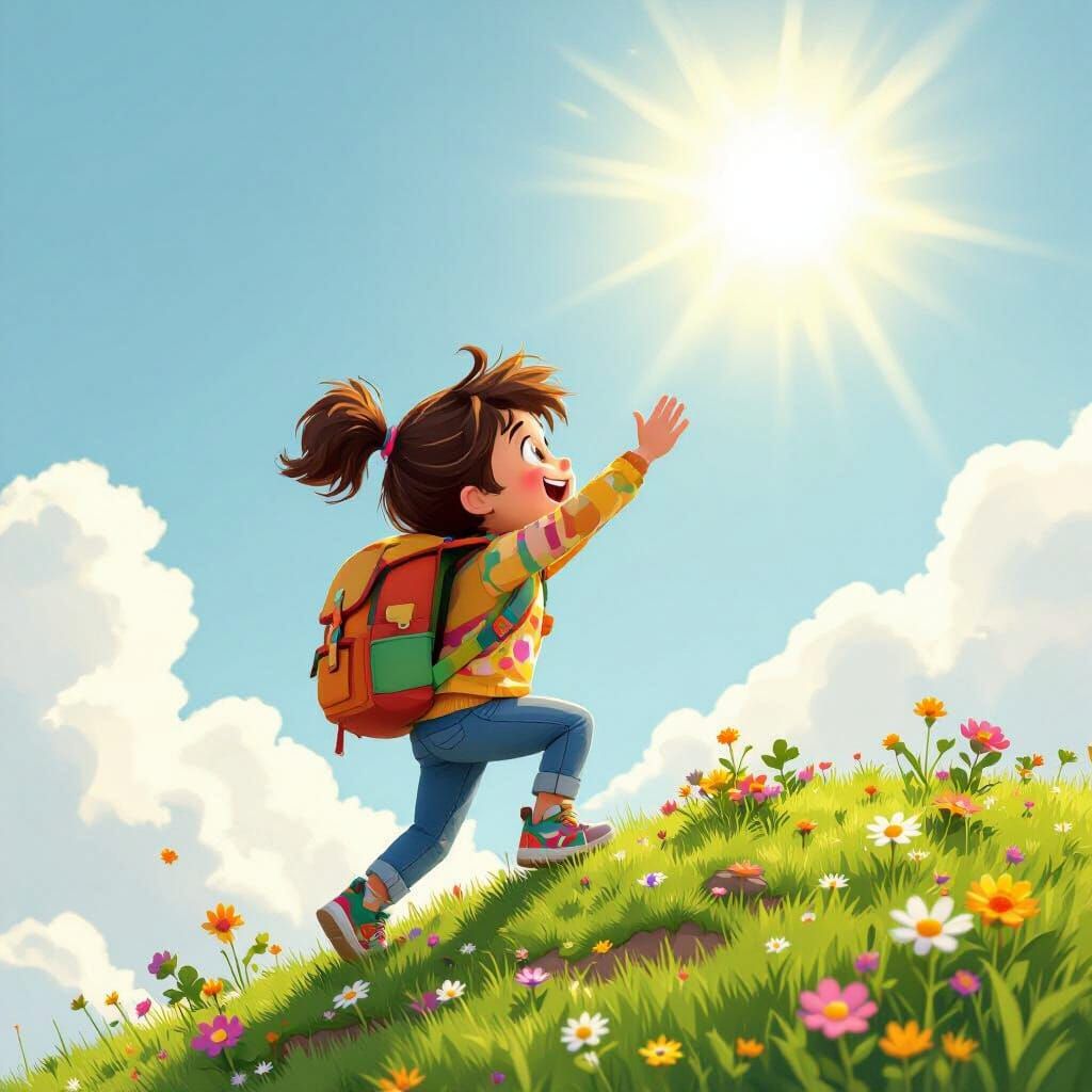 Determined Child Climbs Hill in 3D Cartoon Style