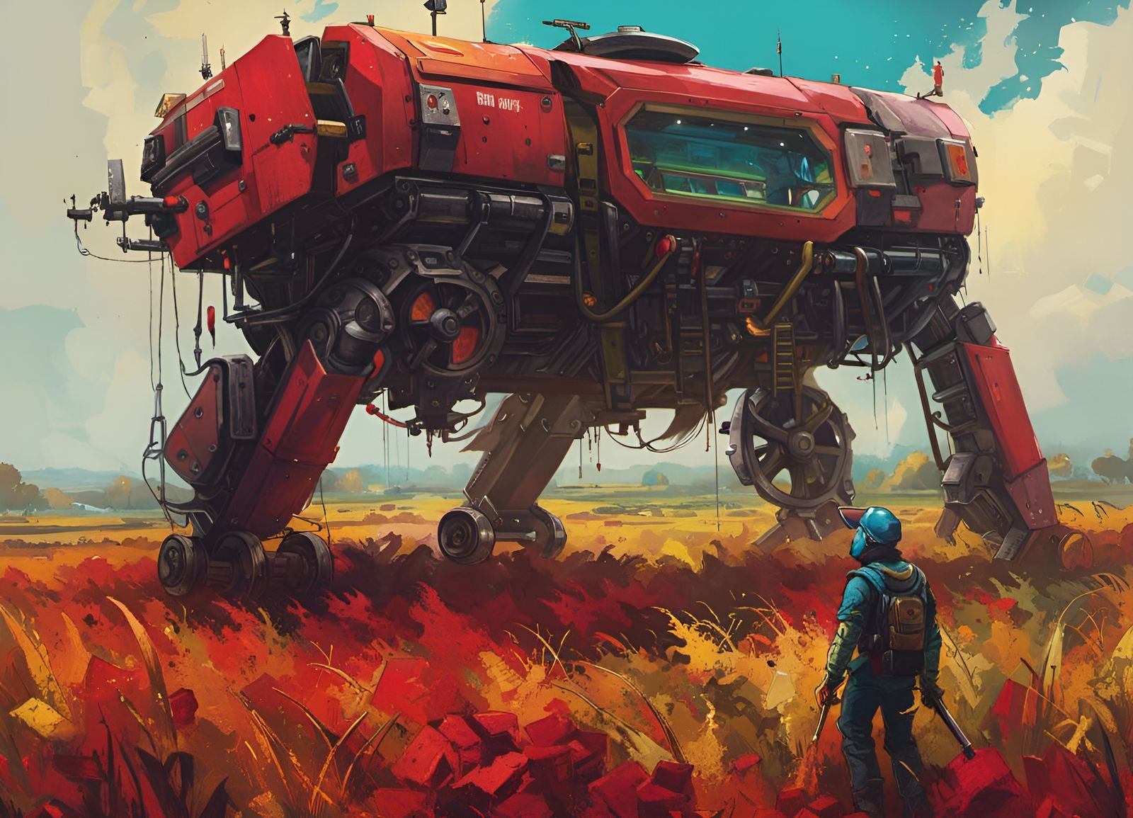 Robotic Harvester in Field: Hyperdetailed Pop Art