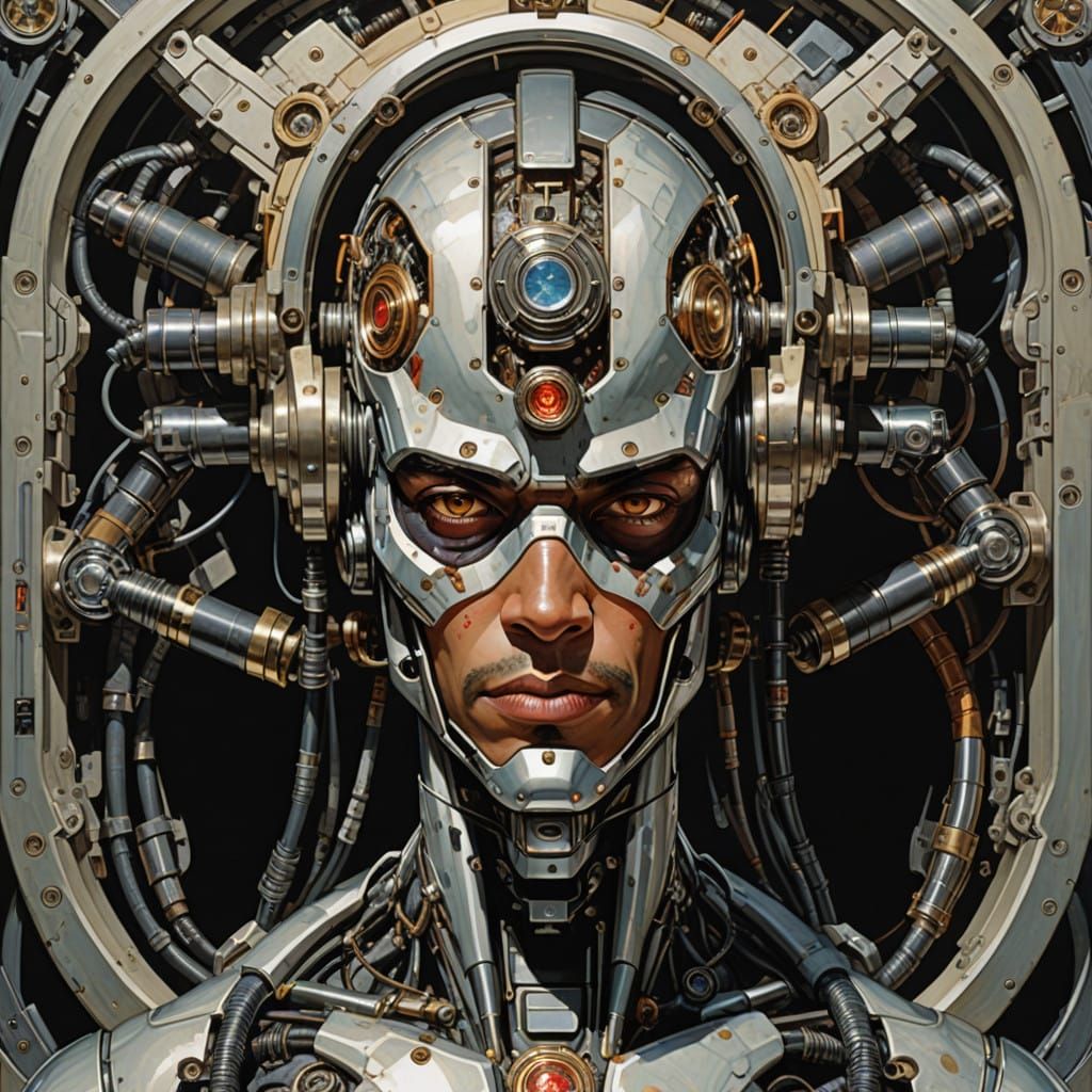 Retro Futuristic Cyborg Portrait in Vintage Style