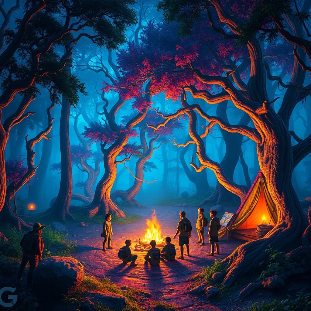 Ethereal Scout Camp in Vibrant Iridescent Forest