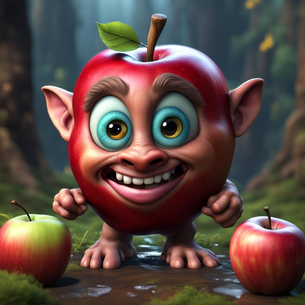 Hyperrealistic Apple as Cute Troll: Detailed Matte Painting