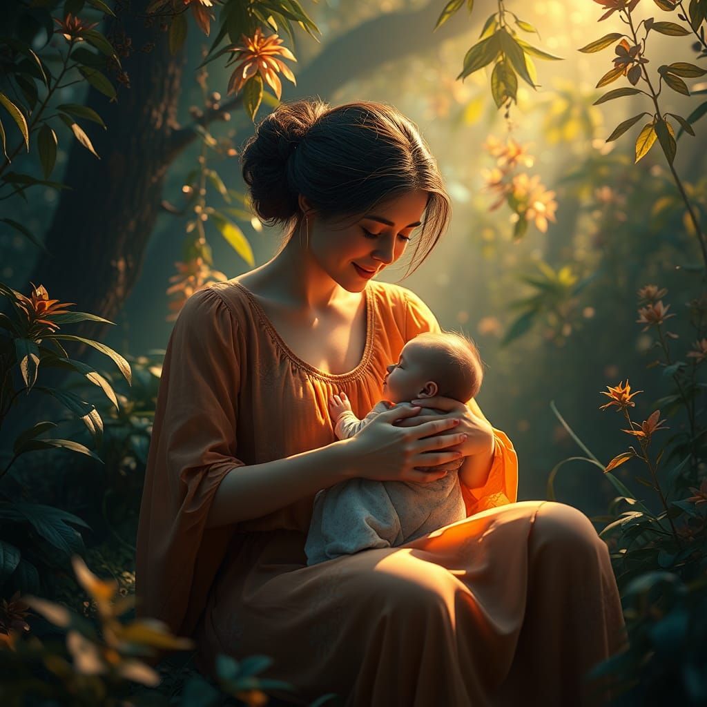 Mother and Baby in Lush Fantasy Landscape