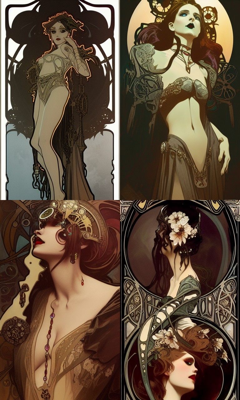 Vampire Woman with Steampunk Engine in Art Nouveau Style