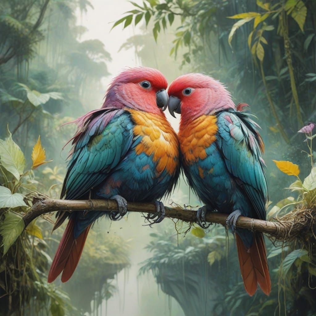 Lovebirds on Vine in Bali Afterglow, Neo-Impressionist Style