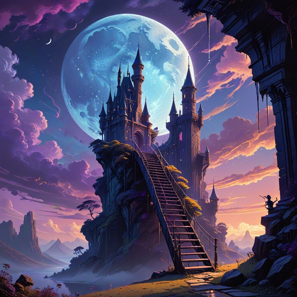 Surreal Fantasy Scene: Crescent Moon and Enchanted Castle