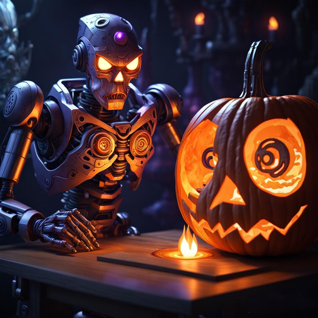 Robot Carving Jack-o'-Lantern: Dark Fantasy Concept Art