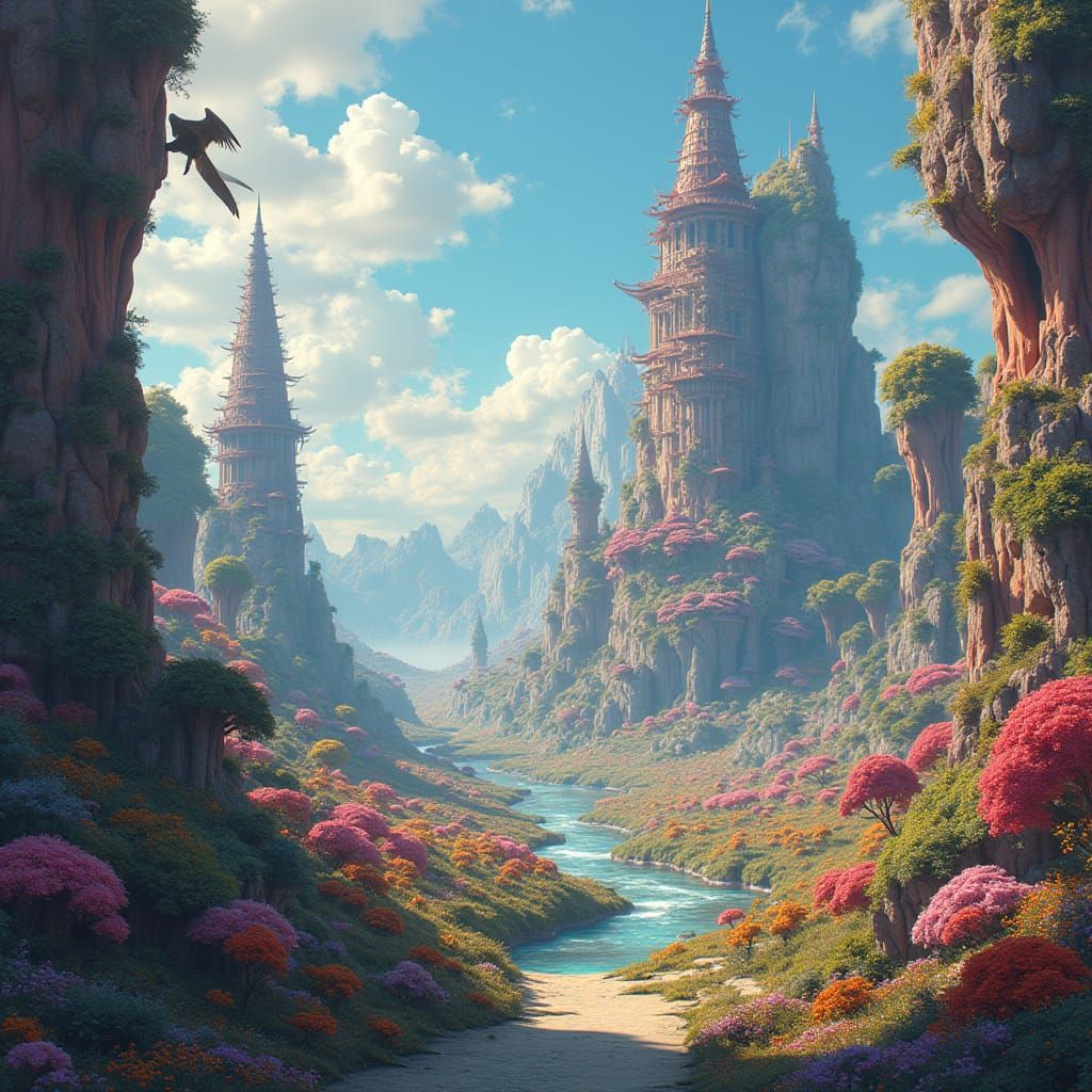 Mystical Landscape with Creatures in Digital Art Style