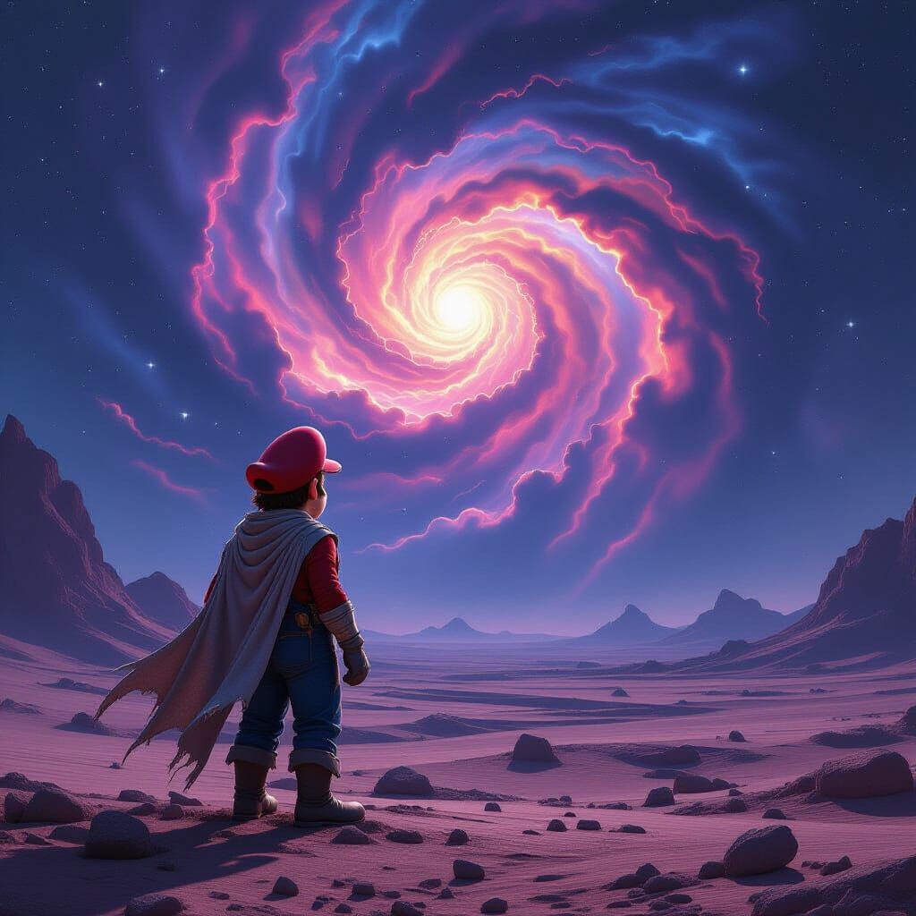 Tattered Mario Gazing at Cosmic Nebula