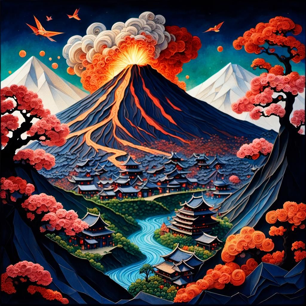 Volcanic Eruption over Japanese Town in Origami Style