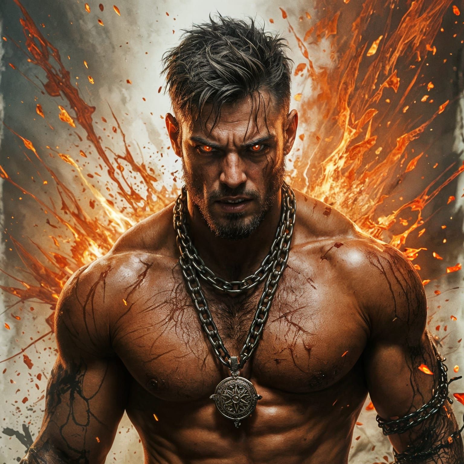 Enraged Warrior Portrait with Fiery Eyes and Broken Chain