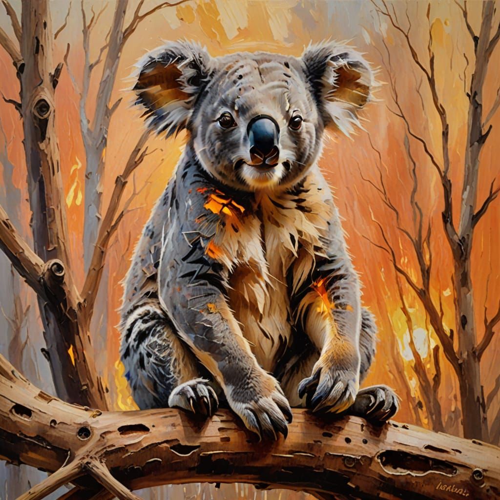 Koala on Driftwood: Impressionist Oil Painting