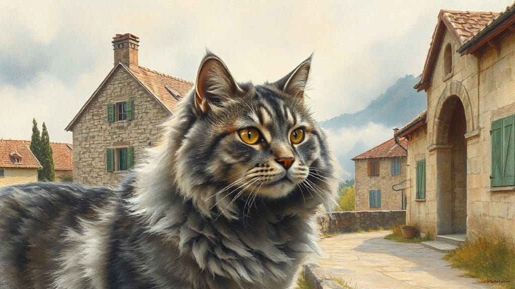 Fluffy Grey Cat in Foggy Mountains, Impressionist Style
