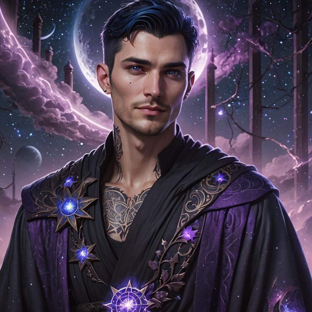 Pale Man with Violet Eyes in Night Sky