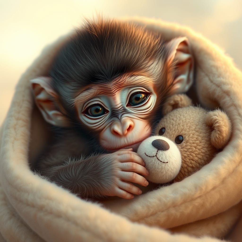 Cozy Baby Monkey in a Soft, Light Brown Blanket, Digital Pai...