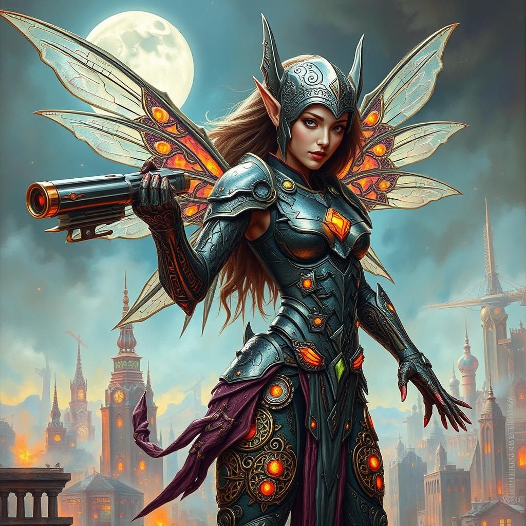 Sci-Fi Elf Warrior in Dystopian Cityscape as Impasto Paintin...