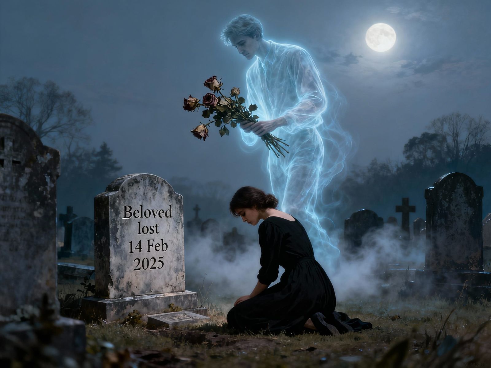 Ethereal Ghost Haunts Graveyard Scene with Roses