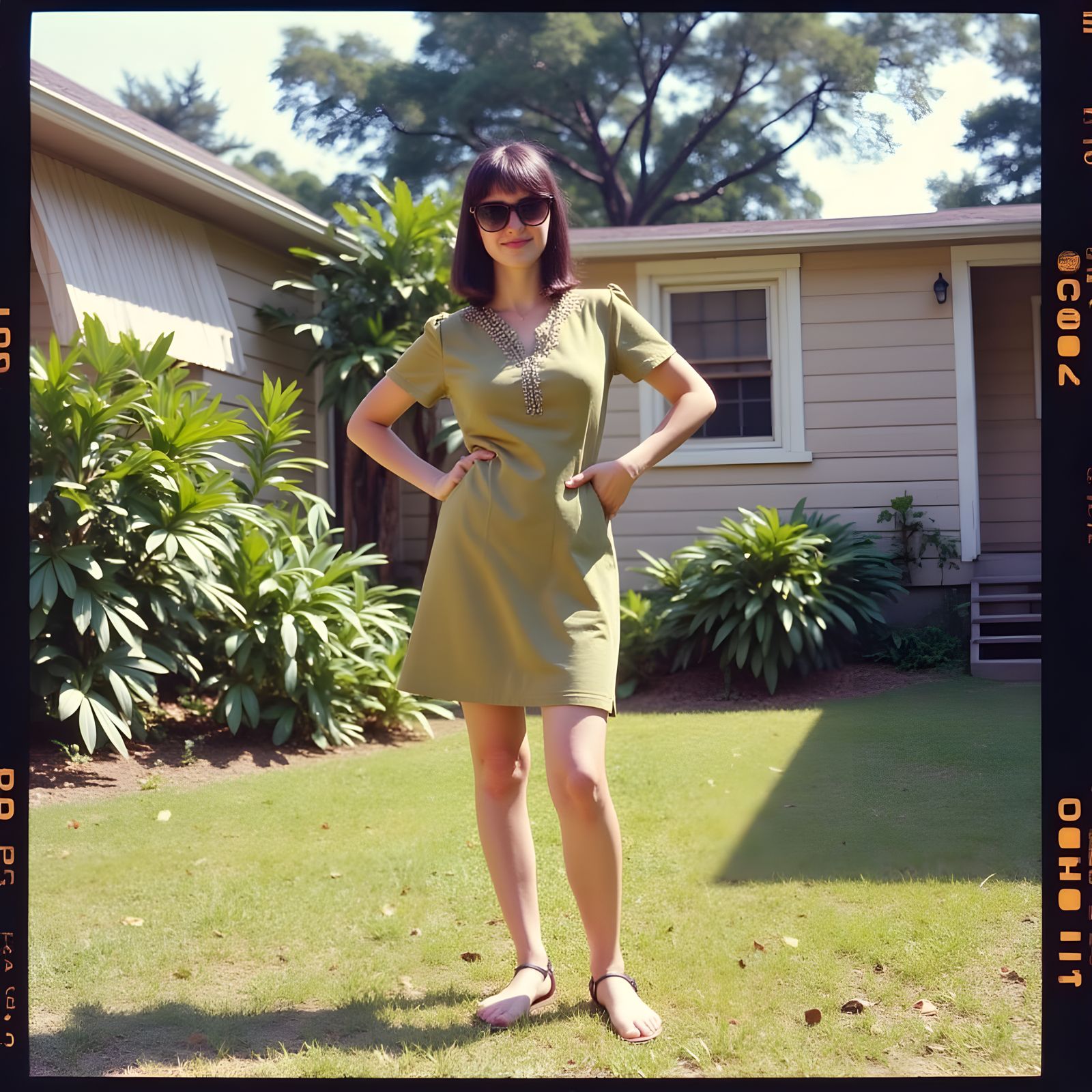 Vintage 1967 Photo: Woman in Green Dress Poses by Suburban H...