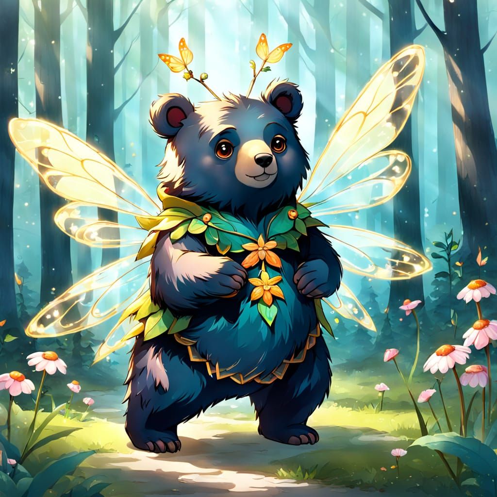 Whimsical Bear Fairy in Mythical Forest