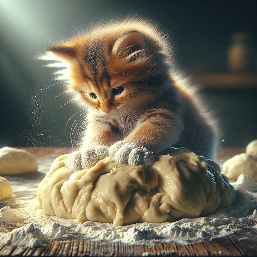 Cute Kitten Kneading Biscuit Dough in Hyperrealistic Detail