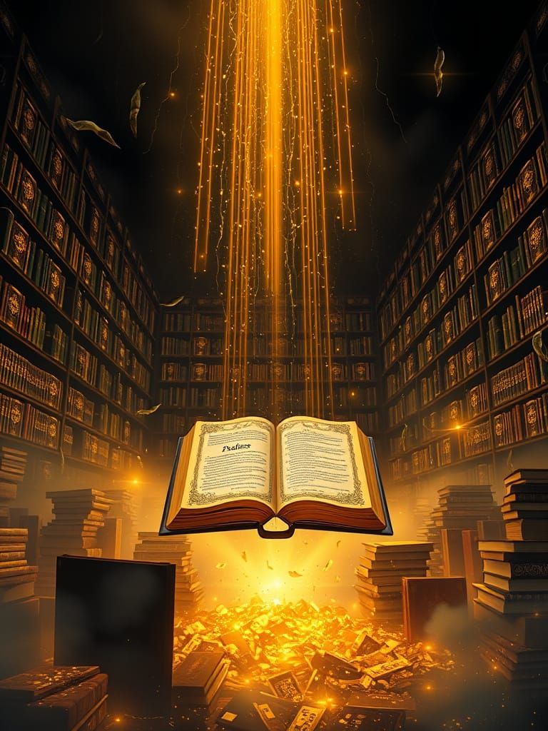 Bioluminescent Library with Floating Bible: Hyperrealistic A...