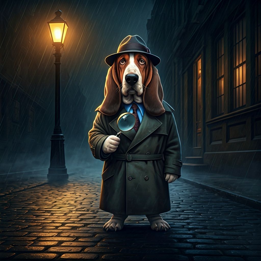 Basset Hound Detective in Noir Cityscape