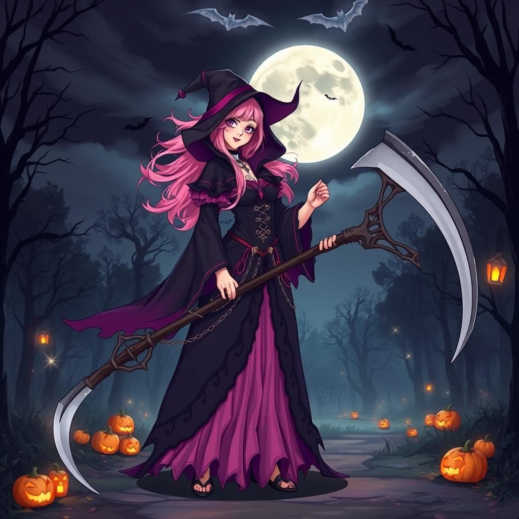 Enchanting Witch Grim Reaper in Anime Style