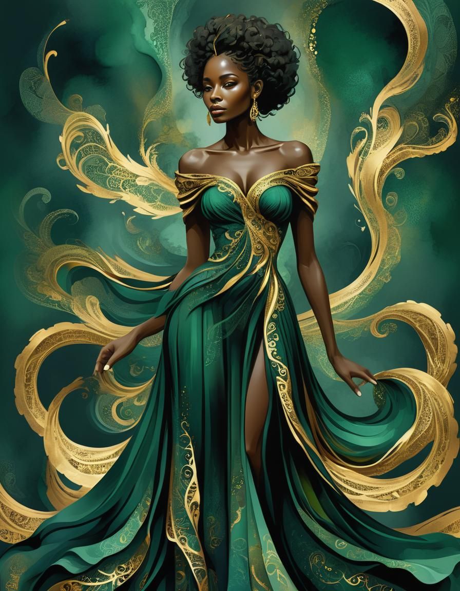 Beautiful Black Girl in Green and Gold Dress