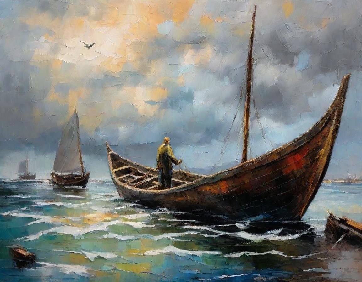 Figure Watches Viking Ships Dock: Expressionist Harbor Scene