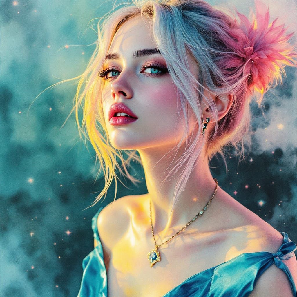 Ethereal Pin-Up Woman in Metallic Cyan Dress