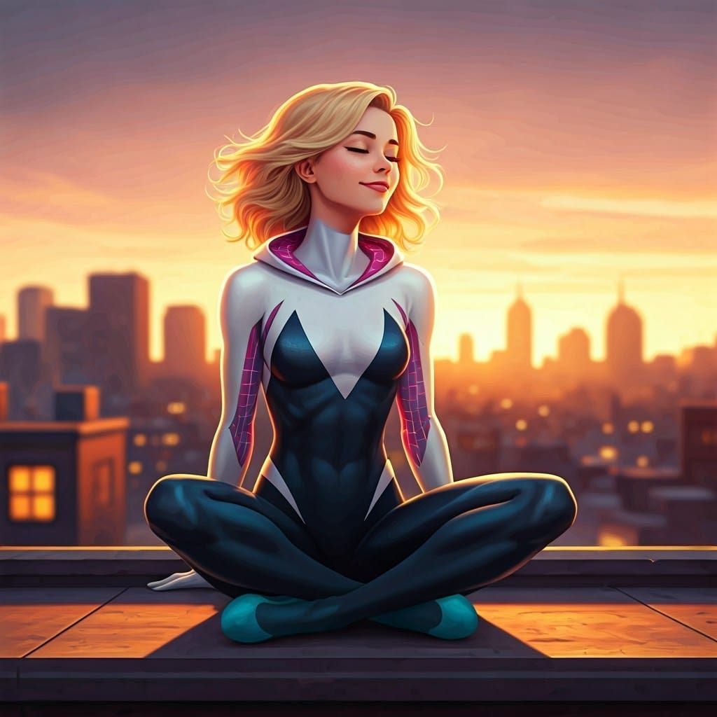 Spider-Gwen Serene Rooftop Sunset: Digital Masterpiece