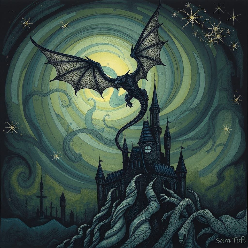 Dragon Over Castle in Surreal Starscape, Alcohol Ink Zentang...