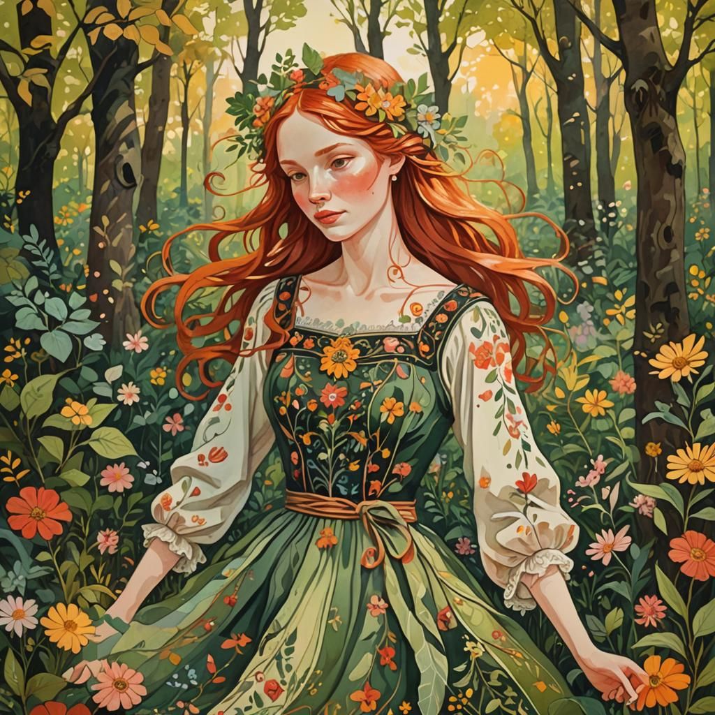 Redhead Fairy in Forest Glade, German Folk Art